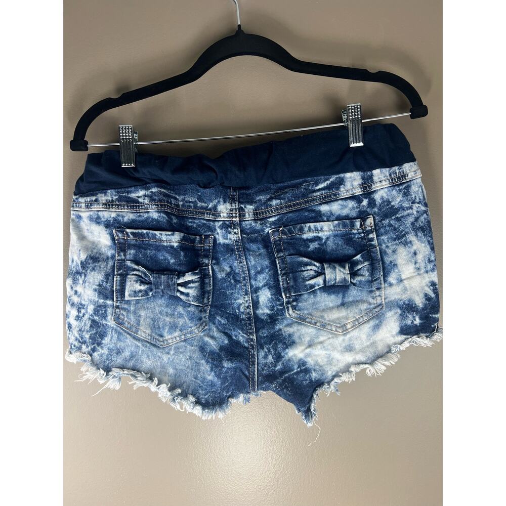 Blue Spice Dark Bleached Frayed Jean Shorts sz M Elastic Waist Maternity